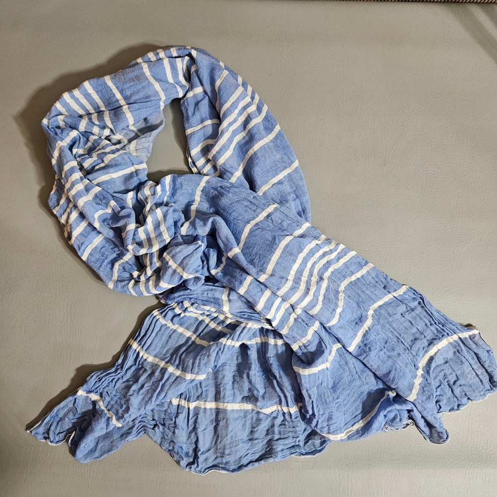 Coach Blue White Striped Cotton Modal Scarf Made in Italy Lightweight Crinkle